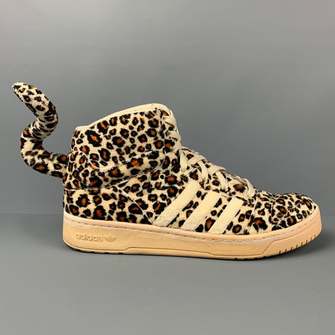 JEREMY SCOTT x ADIDAS Size 12 Beige Black Orange Animal Print Fabric High Top Sneakers