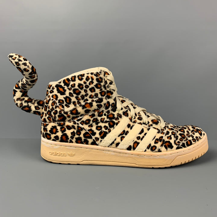 JEREMY SCOTT x ADIDAS Size 12 Beige Black Orange Animal Print Fabric High Top Sneakers