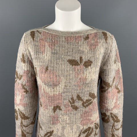 KENZO Size S Grey Knitted Floral Wool Boat Neck Sweater