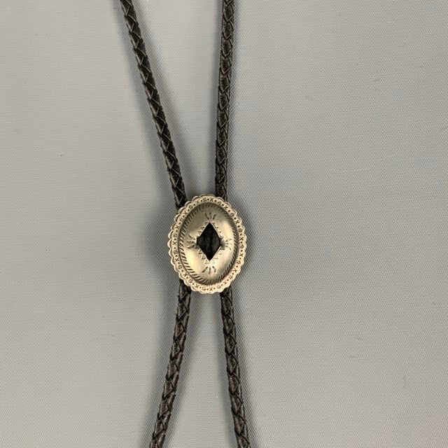 VINTAGE Black Silver Braided Leather Concho Bolo Tie