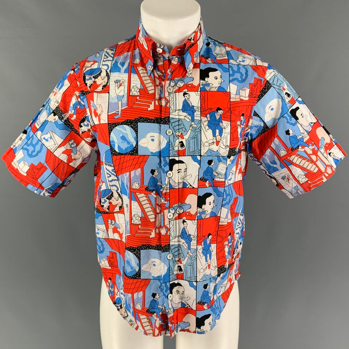 PRADA SS 18 Comic Collection Size S Red Blue Graphic Cotton Short Sleeve Shirt