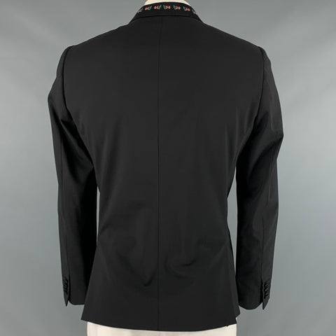 PAUL SMITH Size 44 Black Embroidery Wool Elastane Tuxedo Sport Coat