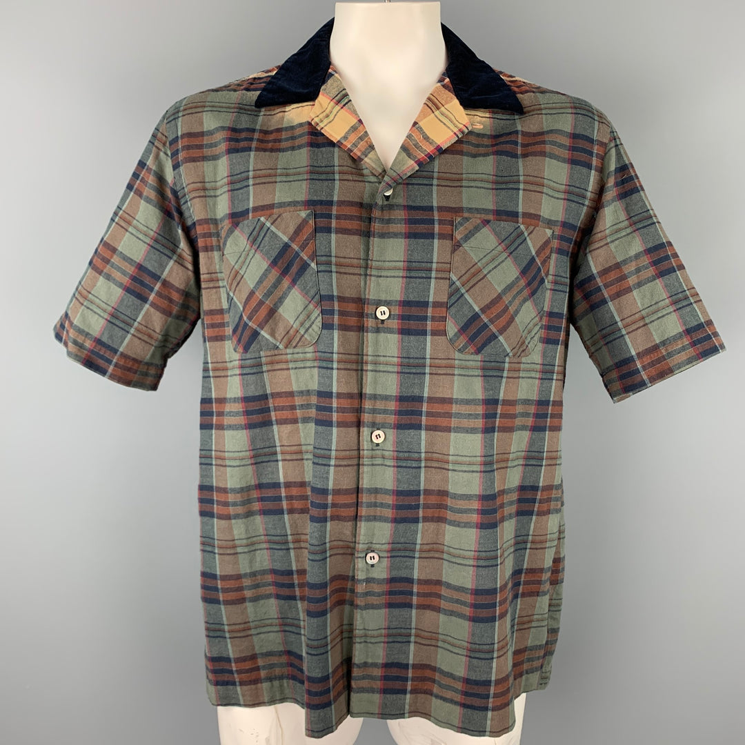 SACAI Size L Green & Navy Plaid Cotton Camp Short Sleeve Shirt