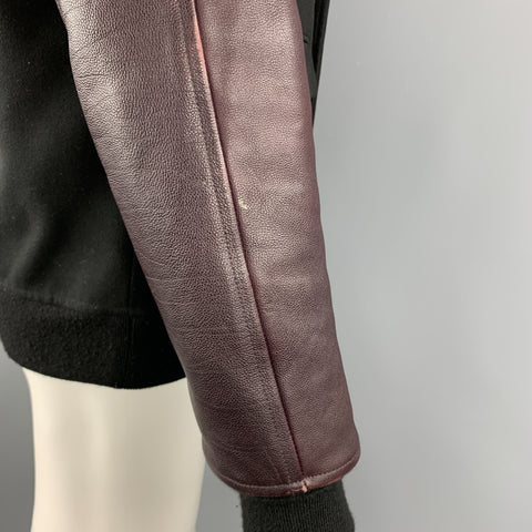 ALEXANDER WANG Size M Black & Burgundy Mixed Materials Wool Leather Sleeves Notch Lapel Jacket