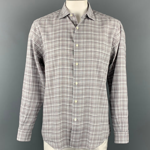 ERMENEGILDO ZEGNA Size XL White & Beige Lavender Plaid Long Sleeve Shirt