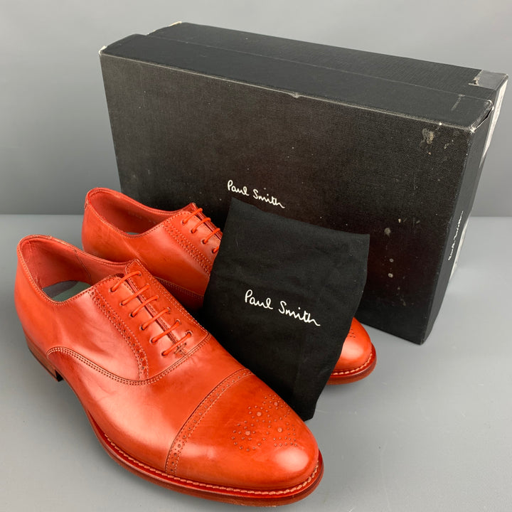 PAUL SMITH Size 8.5 Orange Perforated Leather Cap Toe Lace Up Shoes