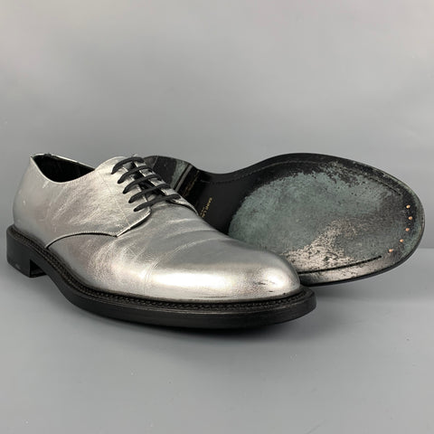 SAINT LAURENT Size 11 Silver Metallic Leather Lace Up Shoes