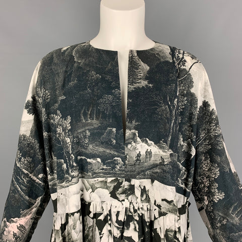 DRIES VAN NOTEN Spring 2012 Size S Charcoal White Tapestry Cotton Pleated Oversized Dress