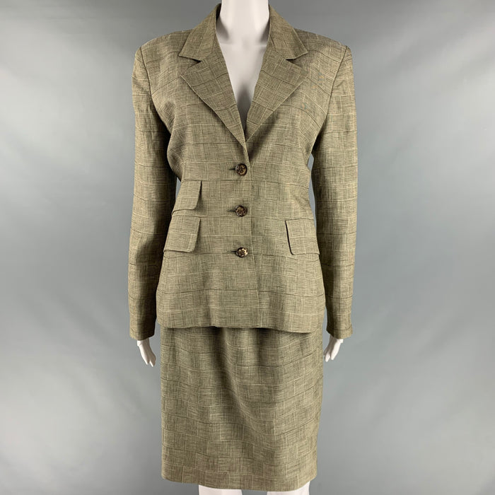 HERMES Size 10 Brown Beige Linen Plaid Single Breasted Skirt Suit