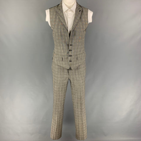 JOHN VARVATOS Talla 36 Traje chaleco de solapa de pico de lana Glenplaid blanco negro