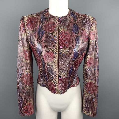 BILL BLASS Size 8 Pink & Purple Rhinestone Snake Skin Cropped Jacket