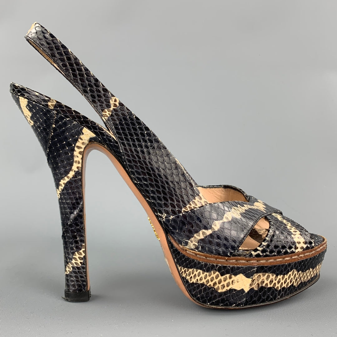 PRADA Size 8 Black & Beige Snake Skin Slingback Platform Sandals