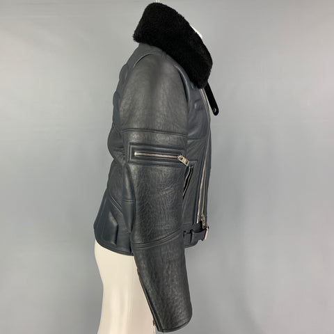 BURBERRY PRORSUM FW 2010 Size 38 Blue Black Lamb Leather Shearling Biker Jacket