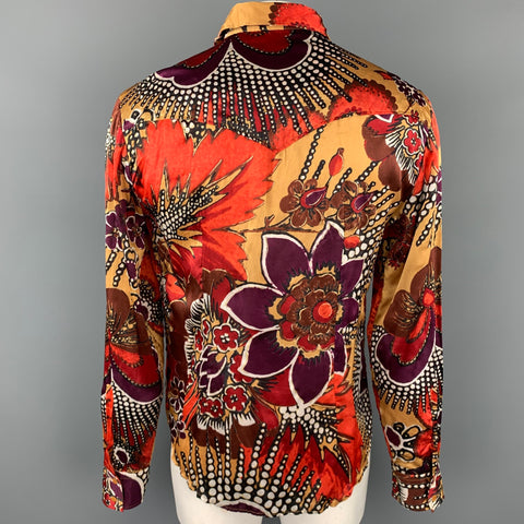 JUST CAVALLI Size XL Gold & Brown Print Silk Button Up Long Sleeve Shirt