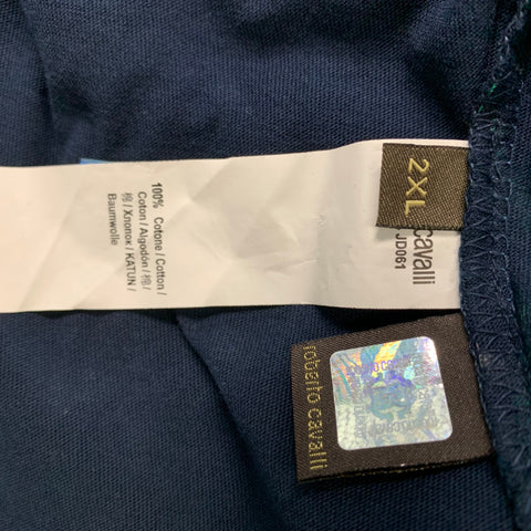 ROBERTO CAVALLI Size XXL Navy White & Green Graphic Cotton Short Sleeve Shirt