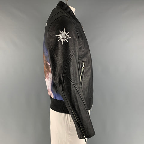 TIM COPPENS Size XL Black Graphic Leather Zip Up Jacket