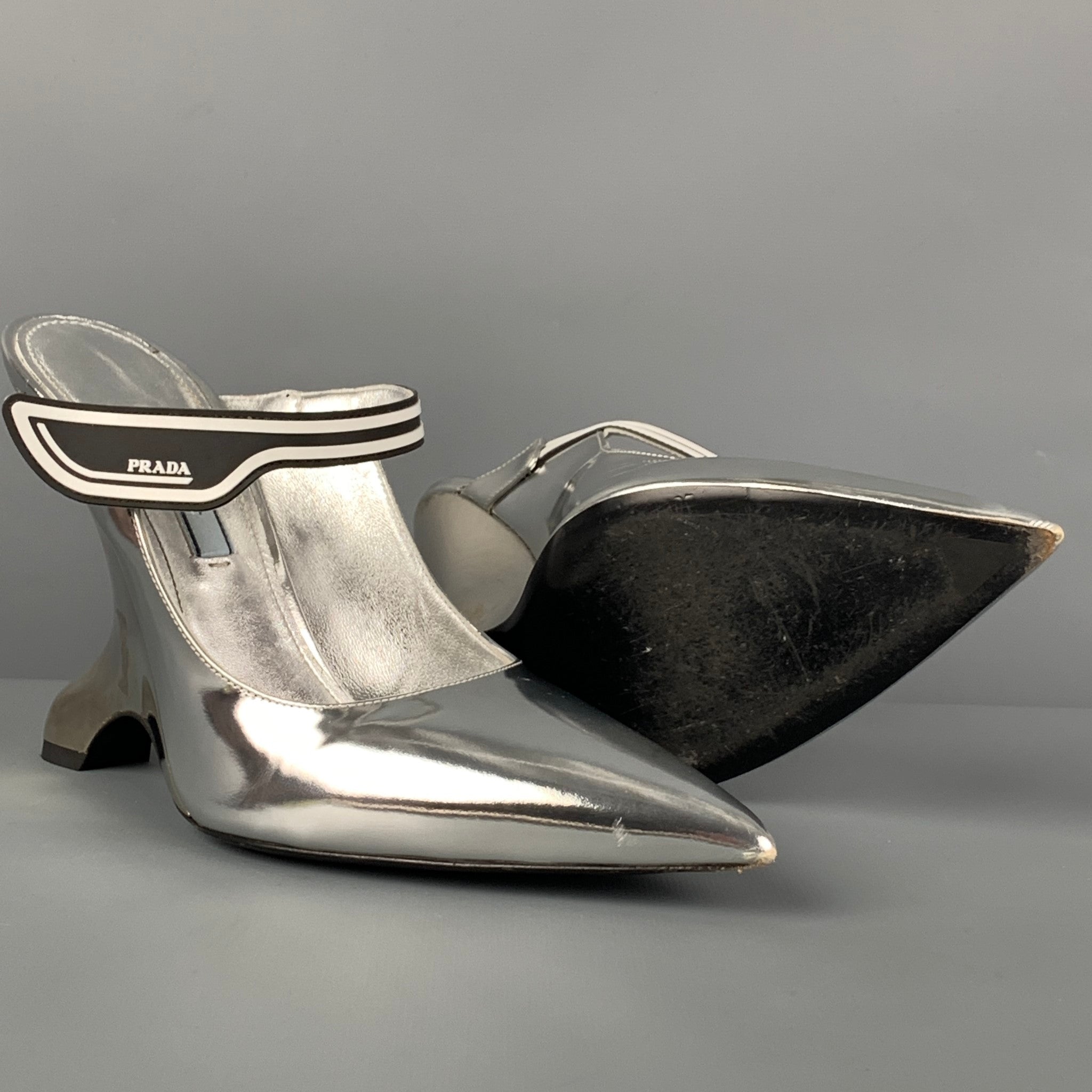 PRADA Size 7.5 Silver Patent Leather Mules Pumps Sui Generis Designer Consignment