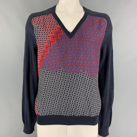 LANVIN Size XL Navy Red Cotton Nylon V-Neck Pullover
