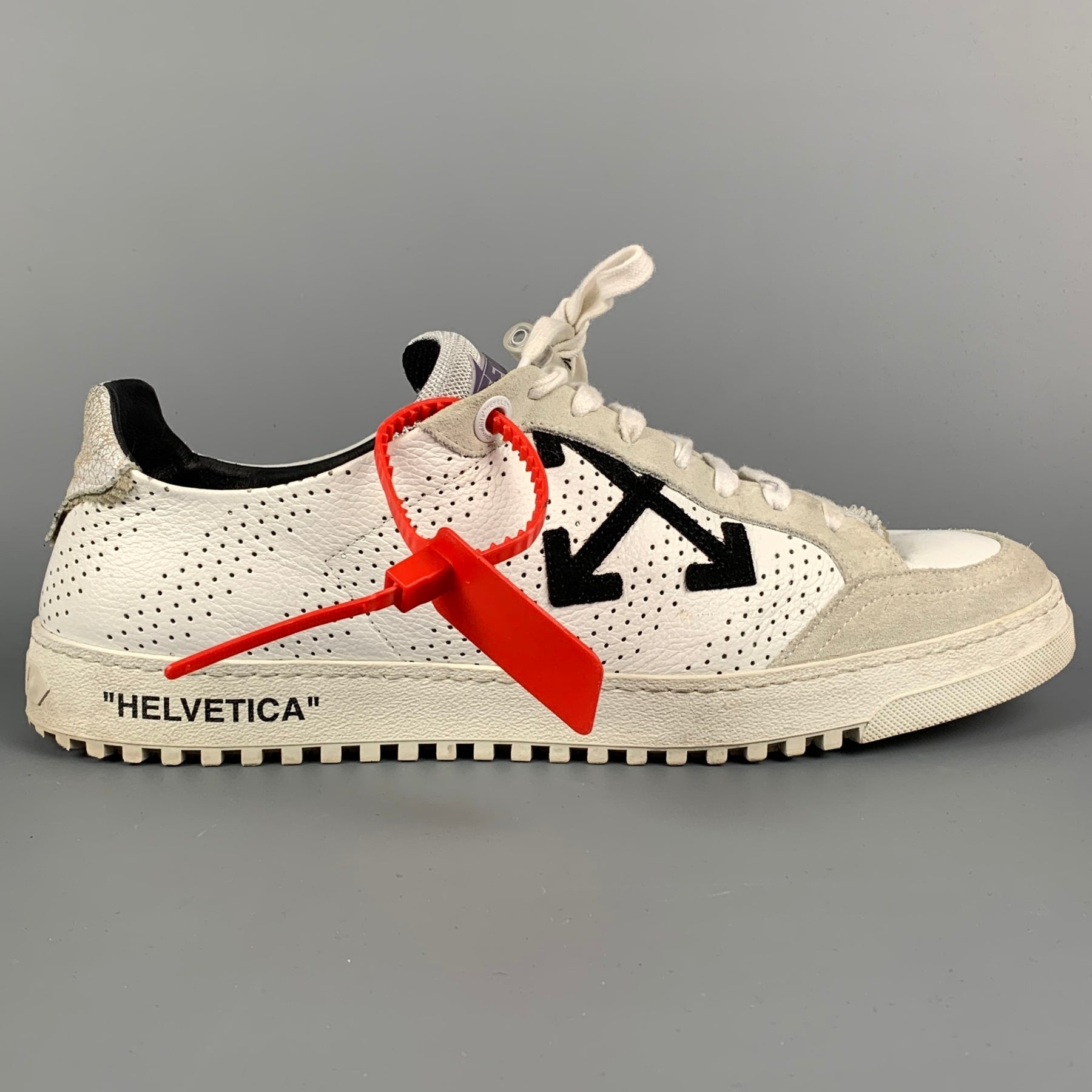 OFF-WHITE C/O VIRGIL ABLOH Helvetica Size 12 White Leather Lace Up Sneakers  at 1stDibs
