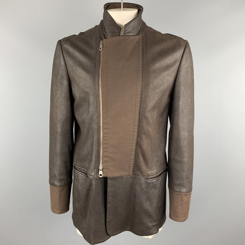 EMPORIO ARMANI Size L Brown Solid Leather Asymmetrical Coat
