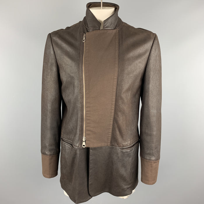 EMPORIO ARMANI Size L Brown Solid Leather Asymmetrical Coat