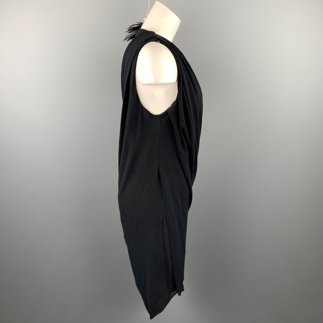 HELMUT LANG Size 6 Black Feather Polyester Draped Shoulder Dress