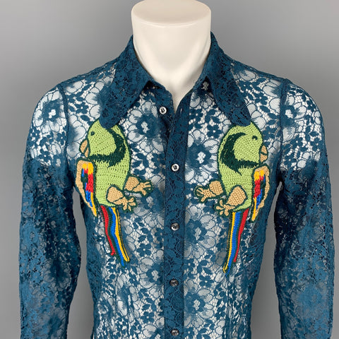 GUCCI S/S 16 Size S Teal Sheer Lace Embroidery Polyamide Blend Long Sleeve Shirt