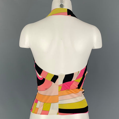 EMILIO PUCCI Size 6 Black Yellow Orange Silk Abstract Halter Casual Top