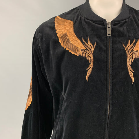 CHRISTIAN DADA FW 19 Size 42 Black Copper Cotton Velvet Feather Embroidery Bomber Jacket