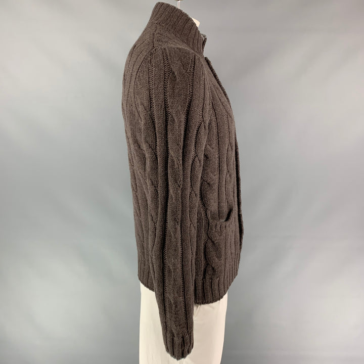 BRUNELLO CUCINELLI Size 42 Brown Cable Knit Cashmere Zip Up Jacket