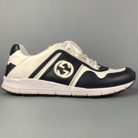 GUCCI Talla 9 Zapatillas con cordones de cuero con bloques de color blanco y azul marino