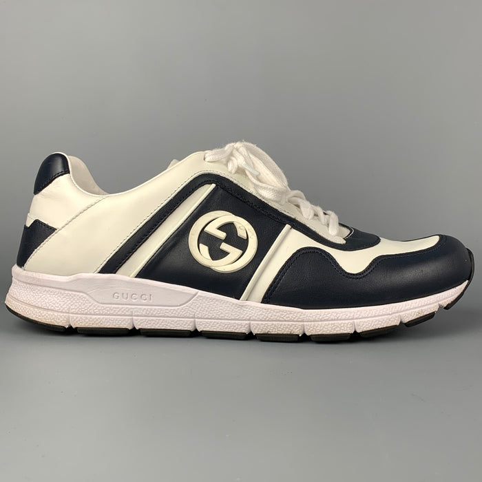 GUCCI Size 9 White & Navy Color Block Leather Lace Up Sneakers