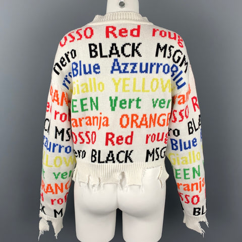 MSGM Taille M Pull en coton/acrylique tricoté en détresse blanc et multicolore