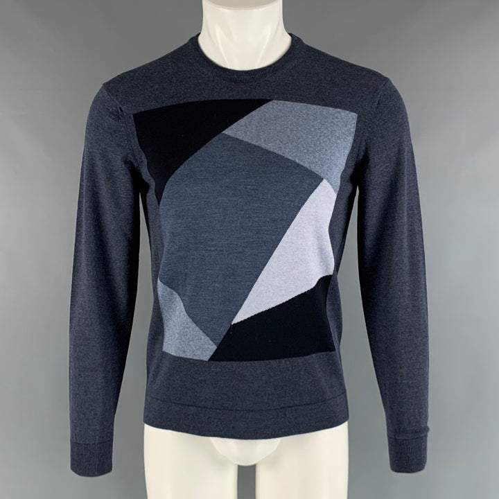 EMPORIO ARMANI Talla S Jersey con cuello redondo en mezcla de lana y bloques de color gris carbón