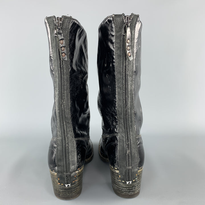 PREMIATA Size 8 Black Patent Leather Stacked Heel Boots