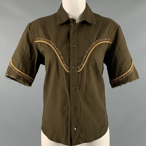 SAINT LAURENT Size 4 Green Gold Embroidered Short Sleeve Casual Top