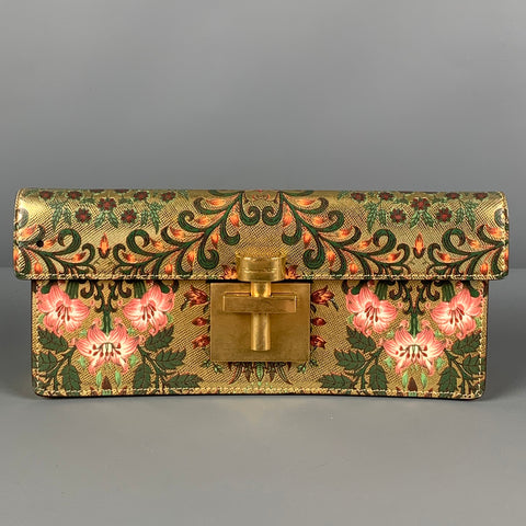OSCAR DE LA RENTA Pre-Fall 19 Gold Alibi Floral Metallic Leather Clutch Handbag