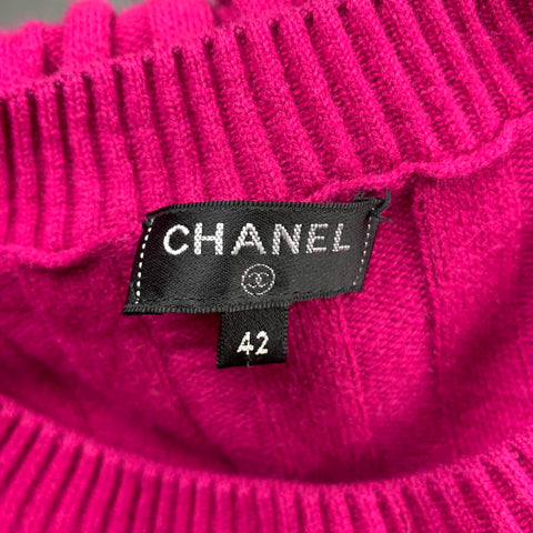 CHANEL Talla 10 Vestido tipo suéter con cuello redondo y lana plisada de punto fucsia