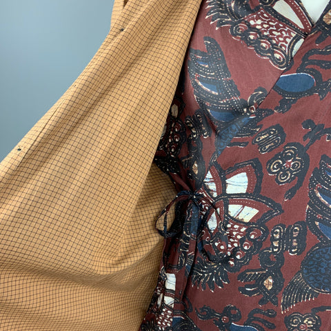 DRIES VAN NOTEN Size L Tan Window Pane Cotton / Cupro Vest Wrap Layered Long Sleeve Shirt