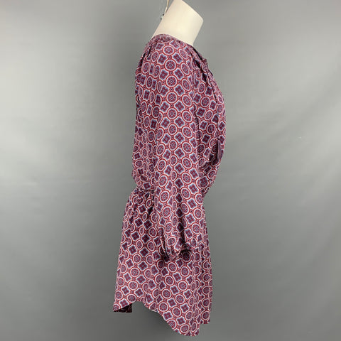 JOIE Size S Burgundy & Blue Print Silk Mini Elastic Waist Dress