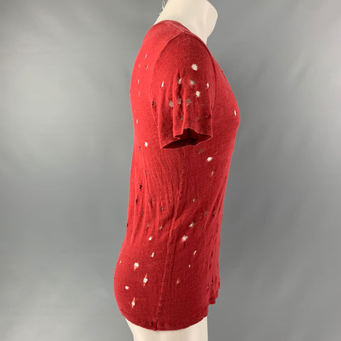 IRO Size S Burgundy Distressed Linen Crew-Neck T-shirt