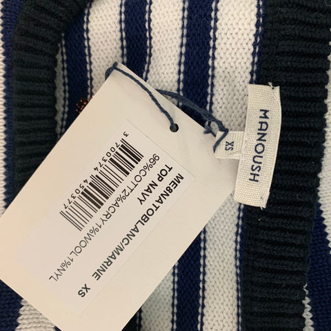 MANOUSH Size XS White &  Navy Cotton Blend Striped Bow Short Sleeve Pullover