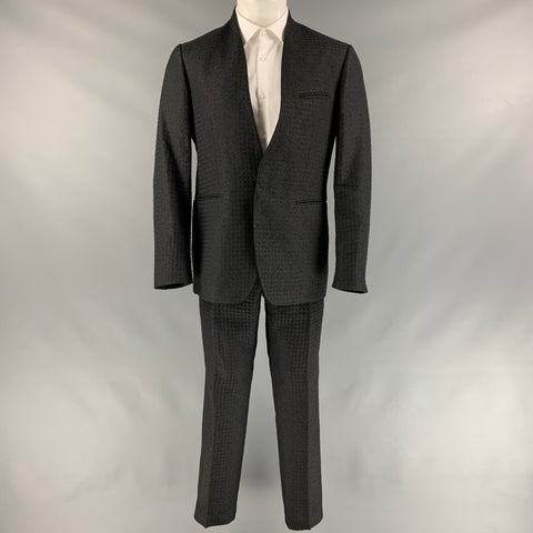 ETRO Size 40 Black & Navy Jacquard Silk Blend Collarless Suit
