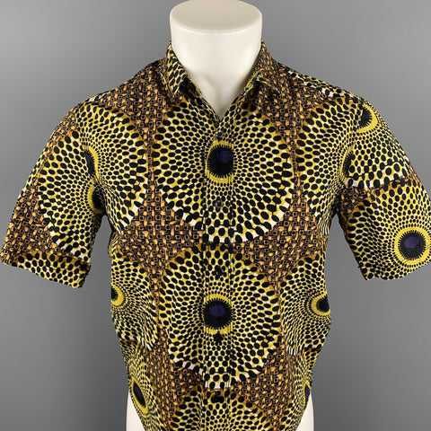 BURBERRY PRORSUM Spring 2012 Size S Yellow & Black Print Cotton Button Up Short Sleeve Shirt