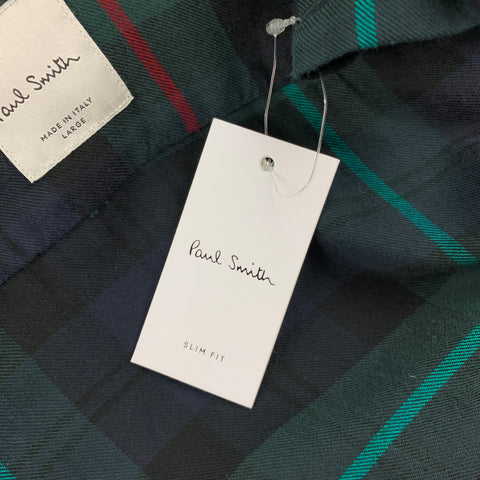 PAUL SMITH Size L Navy & Green Plaid Cotton Button Up Long Sleeve Shirt