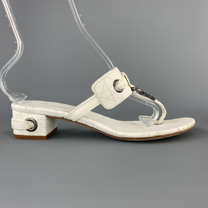 CHRISTIAN DIOR Size 10 White Cannage Leather D Loop Thong Mule Sandals