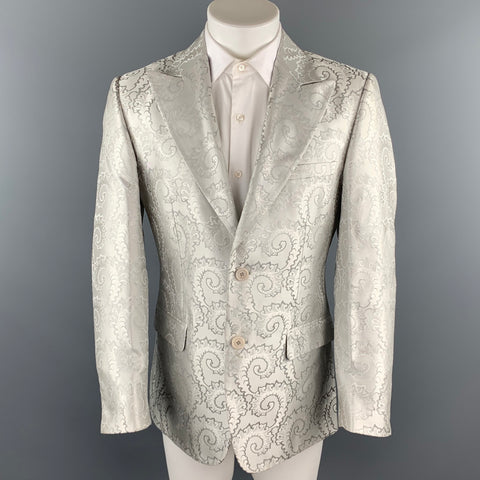 Vintage GIANNI VERSACE Size 38 Silver Jacquard Silk Peak Lapel Sport Coat
