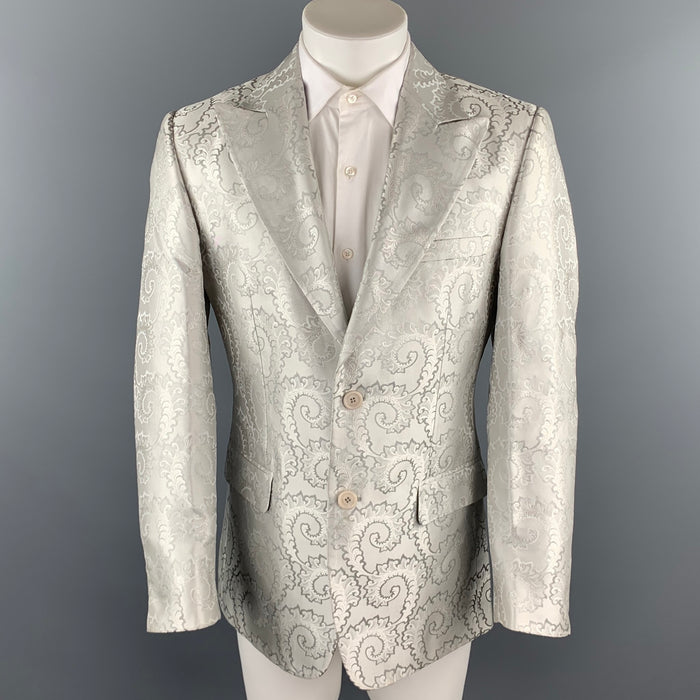 Vintage GIANNI VERSACE Size 38 Silver Jacquard Silk Peak Lapel Sport Coat