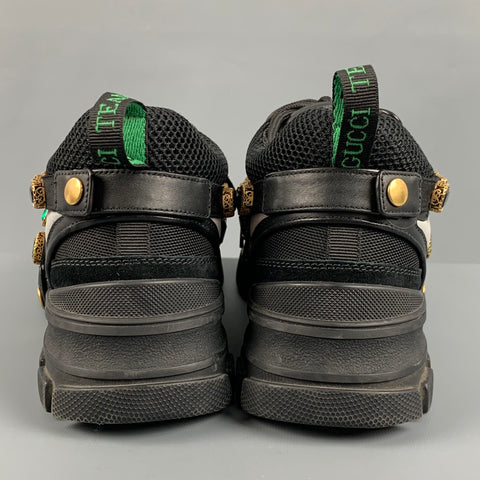 GUCCI Size 9.5 Black Green Beaded Nylon Lace Up Sneakers