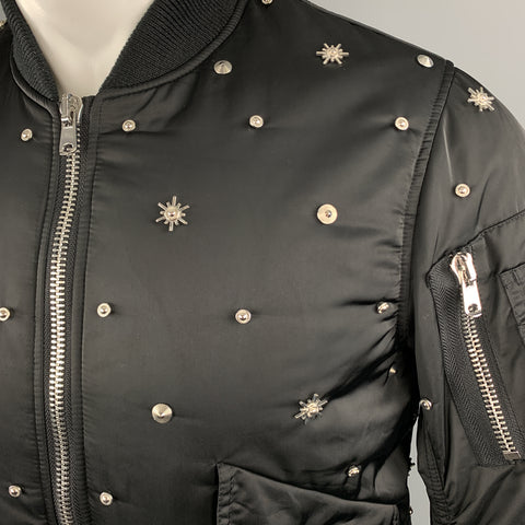 SANDRO Size XS Black Silver Tone Star Studded Nylon Bomber Flight Jacket